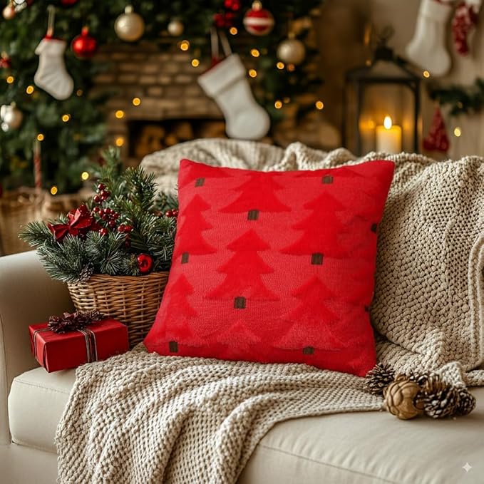 GEEORY Christmas Pillow Covers 16x16 Inch Set of 2, Christmas Decorations Xmas Tree Soft Plush Fluffy Faux Fur Decorative Throw Pillows Farmhouse Winter Cushion Case Red Brown GC035-16