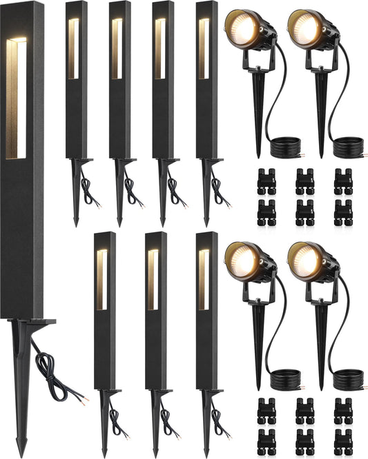 SUNVIE 12-Pack Low Voltage Pathway Lights Wired with Spotlights LED Outdoor Landscape Lighting Kit for Path, Garden, Yard, Patio, Cast-Aluminum, IP65 Waterproof, 12-24V AC/DC, 3000K Warm White, Black