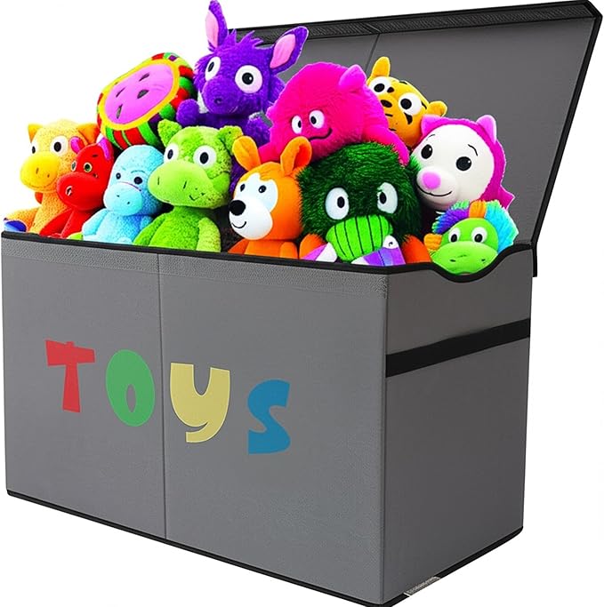 Toy Box Chest, Collapsible Sturdy Storage Bins with Lids, Extra Large Kids Toy Storage Organizer Boxes Bins Baskets for Kids, Boys, Girls, Nursery Room, Playroom, Closet (A-TBX-GRAY-MULTI)