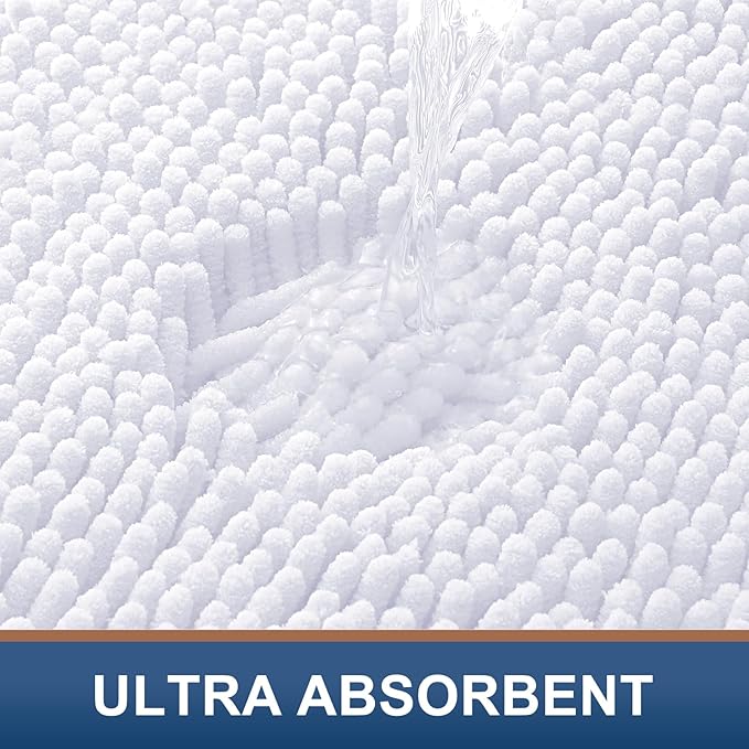 Smiry Luxury Chenille Bathroom Rugs 36x24, Extra Soft and Absorbent Shaggy Bath Mat, Machine Washable, Non-Slip Plush Carpet Runner for Tub, Shower, and Floor, Home Decor Accessories, White