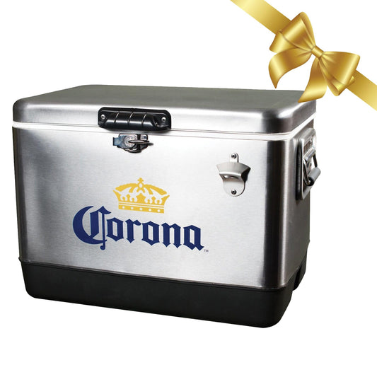 Corona Ice Chest Cooler - 85 Can Ice Box, Portable Ice Bucket with Bottle Opener, Vintage Style, Insulated for Camping, Beach, Picnic, RV, BBQs, Tailgating, Fishing, Stainless Steel, 51L (54 qt)