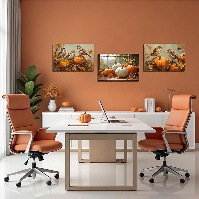 YMXDYMJSW Autumn Wall Art 3 Pieces Pumpkin with Sparrows Picture Prints Fall Harvest Birds Canvas Painting Thanksgiving Theme Artwork for Farmhouse Decor Frame (Gold,12.00" x 16.00" x 3PCS)