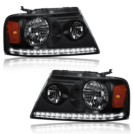 Fullux Headlights for 2004-2008 Ford F150 / 2006-2008 Lincoln Mark LT Pair Front Lights w/LED Running LIghts Replacement Headlamps Black Housing Amber Reflector