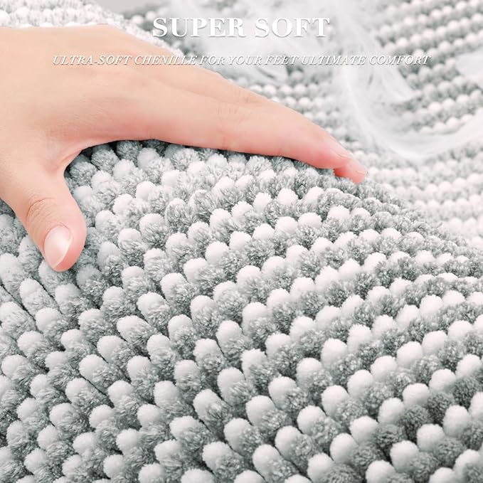 BSICPRO Bathroom Rugs and Mats Sets, 2 Piece Thick Absorbent Chenille Non Slip, Soft Shaggy Floor Mats, Machine Washable (Light Gray, 20" x 47" Plus 16" x 24")