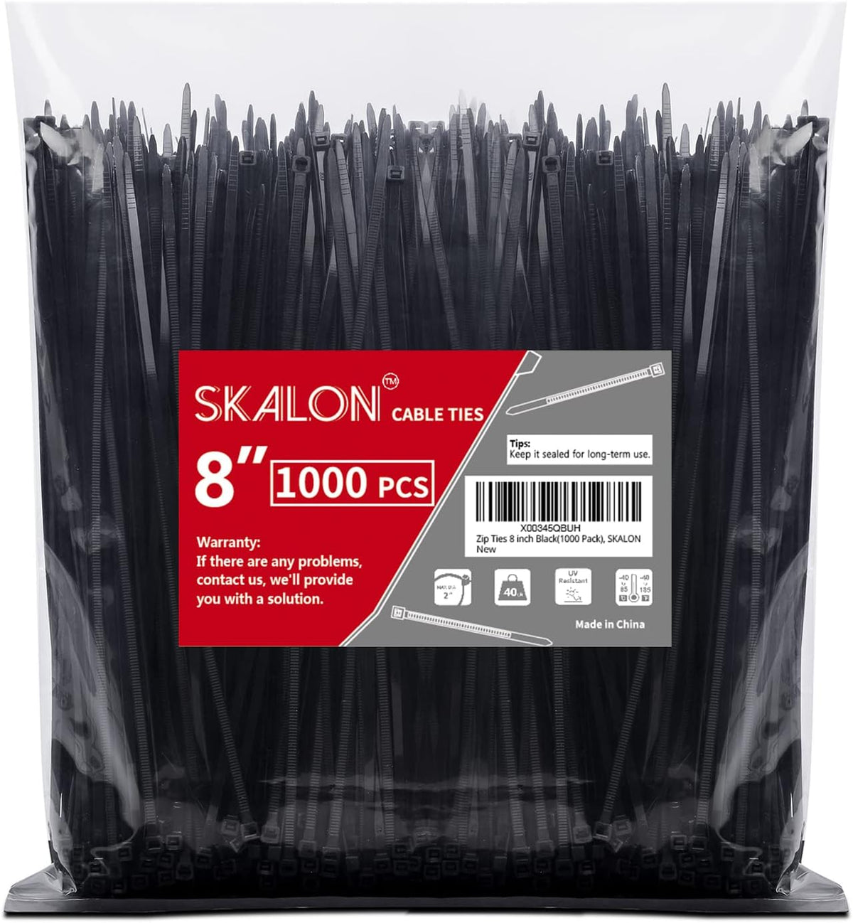 SKALON 8 inch (1000 Pack), 40lbs Zip Ties Tensile Strength, Black Cable Ties, Wire Ties for indoor and outdoor use, by