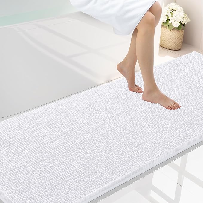 Smiry Luxury Chenille Bathroom Rugs 70x24, Extra Soft and Absorbent Shaggy Bath Mat, Machine Washable, Non-Slip Plush Carpet Runner for Tub, Shower, and Floor, Home Decor Accessories, White