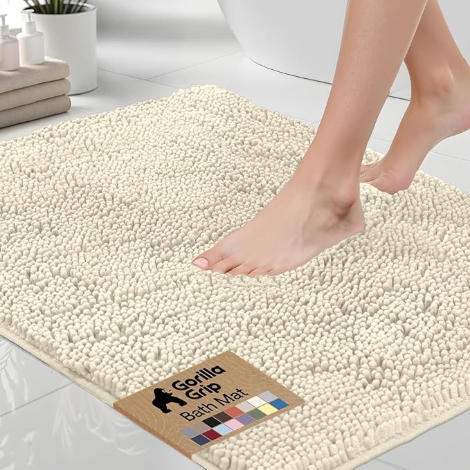 GORILLA GRIP Bath Rug Mat 44x26, Soft Absorbent Chenille, Quick Dry Microfiber Mats, Rubber Backing Washable Shower Floor Rugs, Bathmat Runner, US Designed Bathroom Home Decor Accessories Ivory Cream