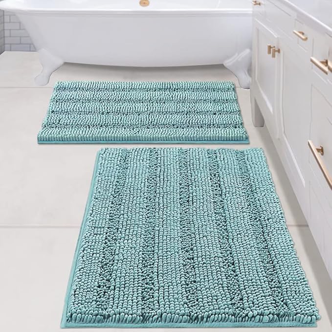 H.VERSAILTEX Bathroom Rugs Bath Mats Sets Super Absorbent Chenille Striped Bath Mats Non Skid Machine Wash Dry Rugs for Bathroom Floor Set of 2(Aqua Haze, 24 x 36 Plus 20 x 32 - Inches)