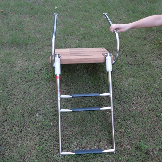 Telescoping 3-Step Swim Platform Ladder with Dual Handrails, Teak Stainless Steel Boat Boarding Ladder