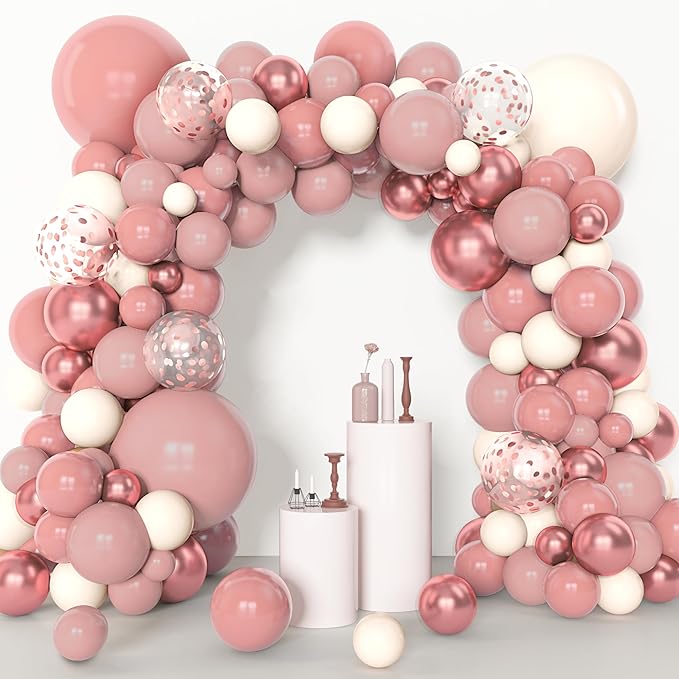 Amandir 153pcs Dusty Pink Balloon Garland Arch Kit, Different Sizes 18 12 10 5 inch Pink White Sand Metallic Confetti Pink Balloons for Girl Baby Shower Birthday Boho Party Decorations