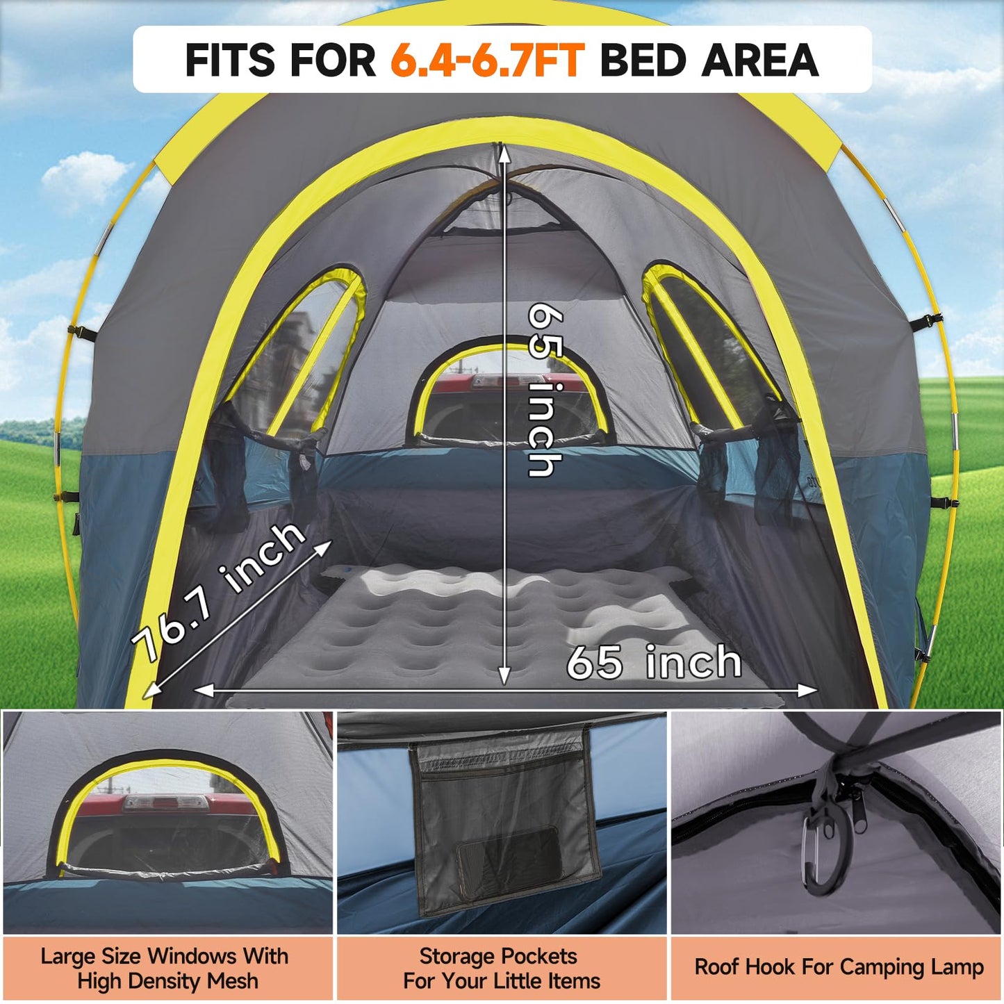 Umbrauto Truck Bed Tent with Awning: 6.4-6.7FT PU3000mm Waterproof Tailgate Pickup Truck Tents, Easy Set-up for 2 Person, Fits Full Size Short Bed, Chevy, Dodge, Ford, GMC, Blue