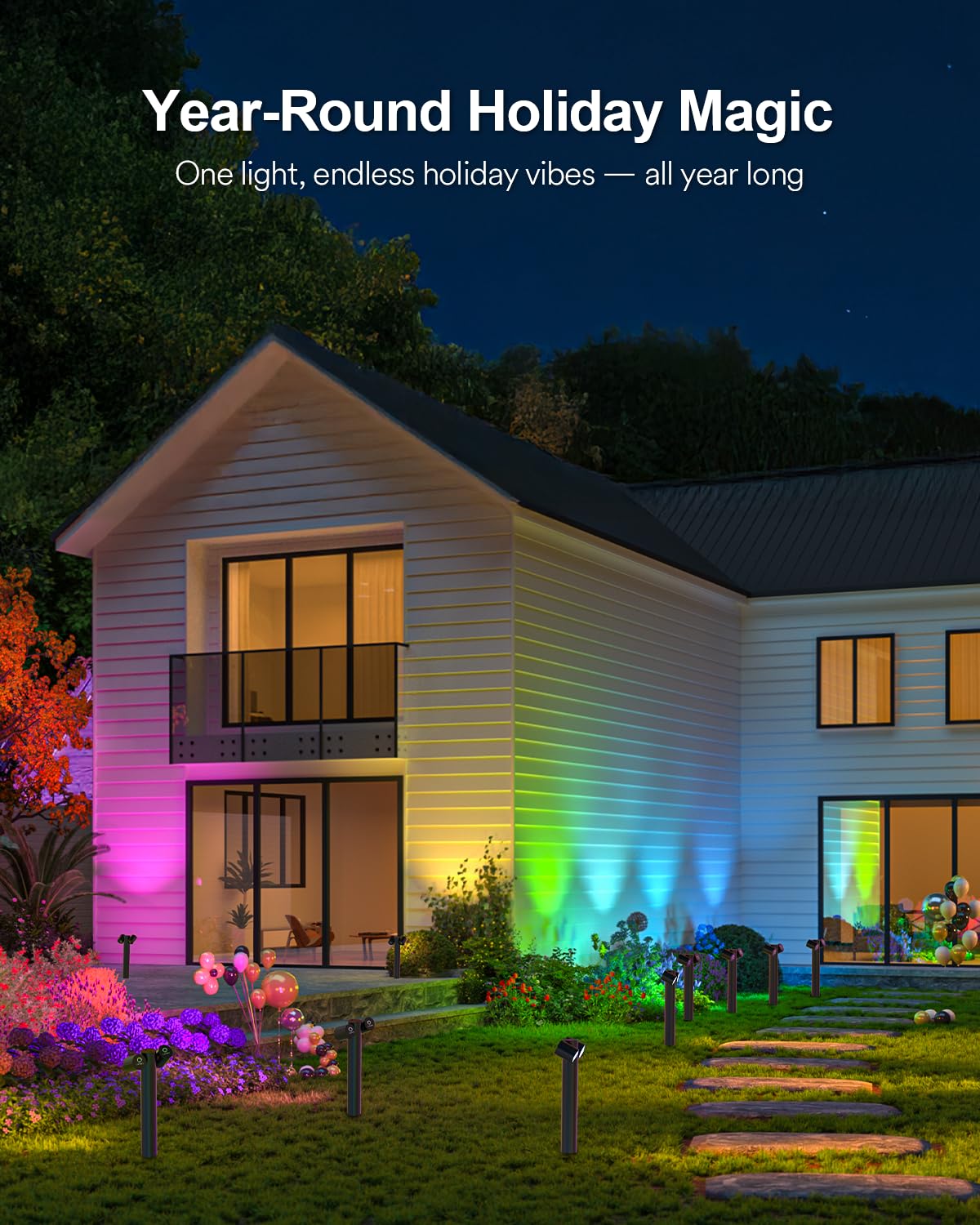 Lumary Smart Pathway Lights Pro 700LM, RGBAICW Color Changing Landscape Lights with 8 Adjustable 355° Spot Lights IP65 Waterproof, 48FT Wired Outdoor Landscape Lighting, WiFi APP/Voice/Remote (4 Pack)