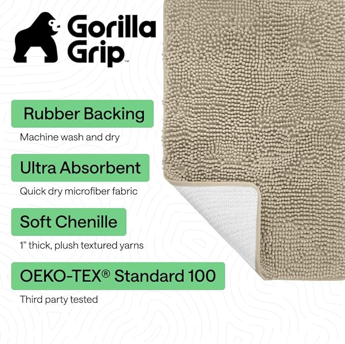 GORILLA GRIP Bath Rug Mat 30x20, Thick Soft Absorbent Chenille, Quick Dry Microfiber Mats, Rubber Backing Washable Shower Floor Rugs, US Designed Bathroom Bathmat Home Decor Accessories, Sand