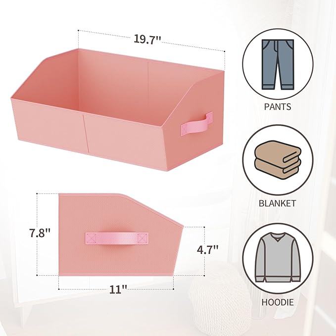 Storage Bins for Shelves - Large Trapezoid Closet Shelf Organizer, Fabric Organization Bins with Handles, Storage Baskets for Clothes, Towel, Purse, 6 Pack, Pink