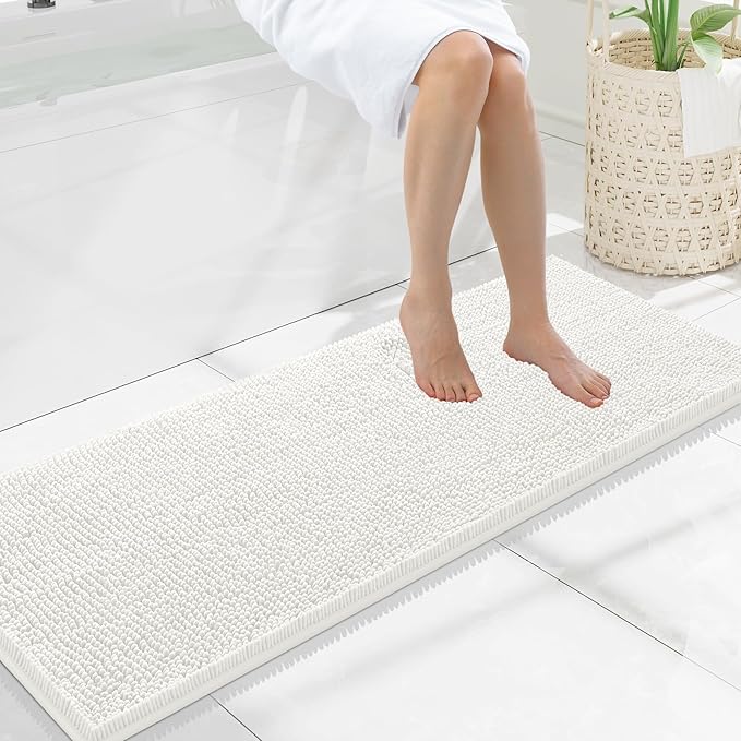 Smiry Luxury Chenille Bathroom Rugs 47x17, Extra Soft and Absorbent Shaggy Bath Mat, Machine Washable, Non-Slip Plush Carpet Runner for Tub, Shower, and Floor, Home Decor Accessories, Ivory