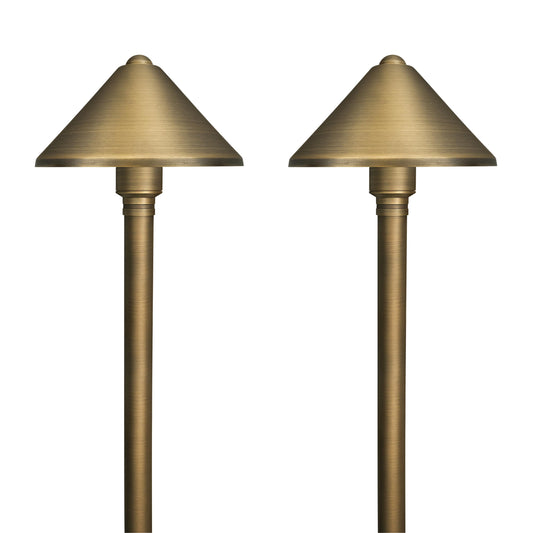 GKOLED Solid Brass Landscape Path Lights (5" Shade, 20" Tall), Low Voltage LED 3W 12-24V AC/DC Conehead Path Lighting, 2700K Outdoor Waterproof Walkway Light, with Stake and G4 Bulb, 2 Pack