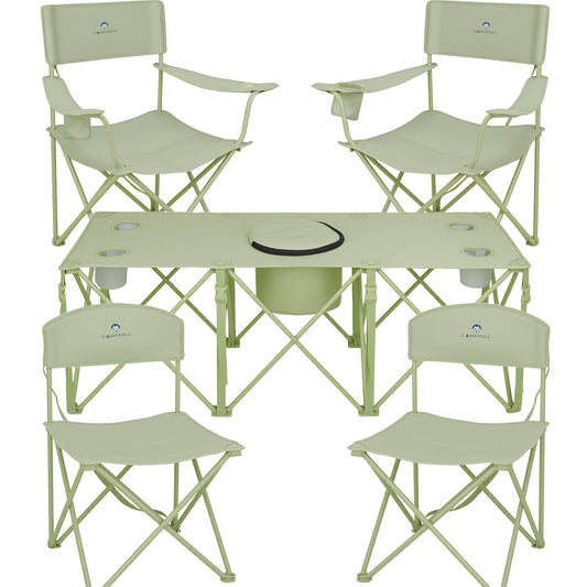 Camping Chair Set of 5,Folding Lawn Chairs with Table for Adults,Heavy Duty Collapsible Chair Include Four Single Chairs and Camping Table with Cooler Bag for Travel Fishing Sport Picnic,Light Green
