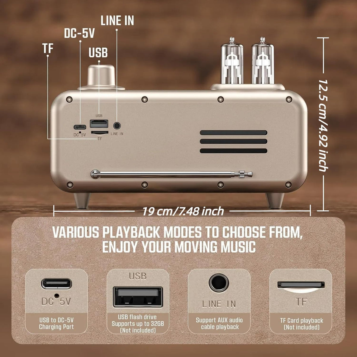 Bingxue Speaker,12/24H Retro Radios FM Portable Bluetooth Small Plug in Vintage Clock Radio with USB/AUX/TF Card