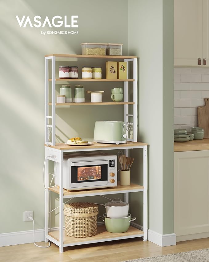 VASAGLE Bakers Rack with Power Outlet, 31.5 Inches Coffee Bar for Kitchen with Storage, 6-Tier Kitchen Shelves with 6 Hooks, Microwave Stand, Modern, Golden Oak and Cloud White UKKS119Y01