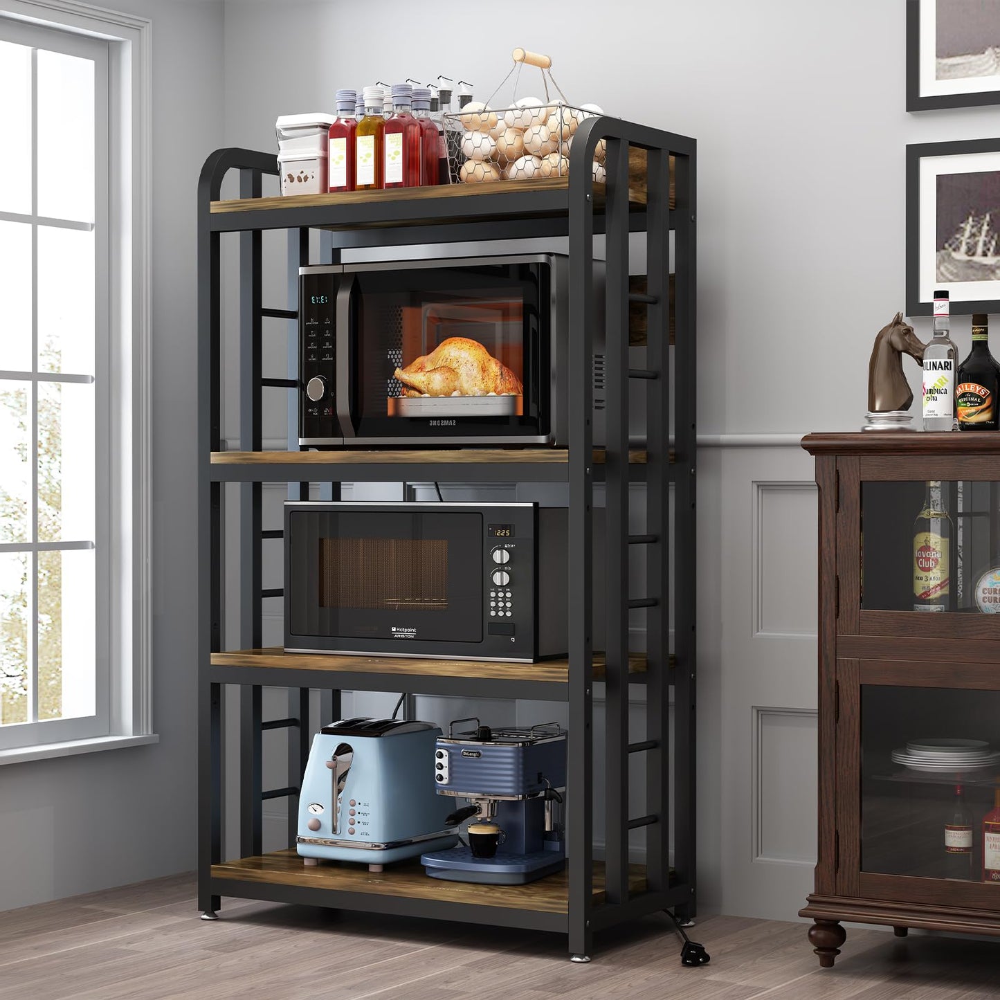 SIREDEEP Bakers Rack with Power Outlet ，4-Tier Kitchen Baker's Rack,Microwave Stand with Storage Suitable for Kitchen, Living Room, Dinning Room，Coffee Bar(Rustic Brown)