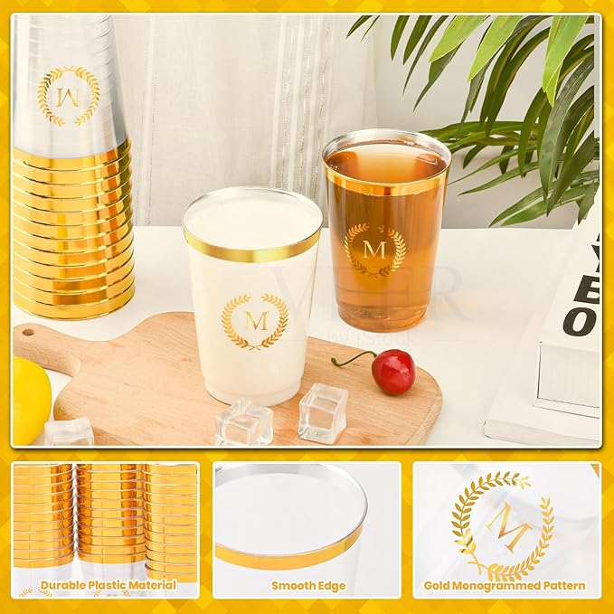 100 Pieces Monogrammed Plastic Cups Gold Foil Letter M Disposable Cups 12 oz Clear Initial Party Cups for Wedding Birthday Baby Shower Personalized Party Drinkware
