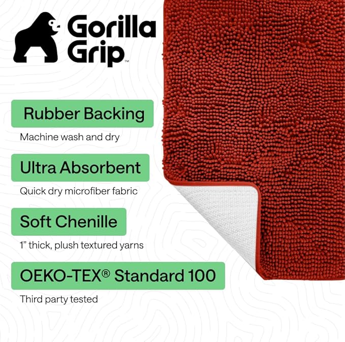 GORILLA GRIP Bath Rug Mat 36x24, Soft Absorbent Chenille, Quick Dry Microfiber Mats, Rubber Backing Washable Shower Floor Rugs, Bathmat Runner, US Designed Bathroom Home Accessories Sunset Orange