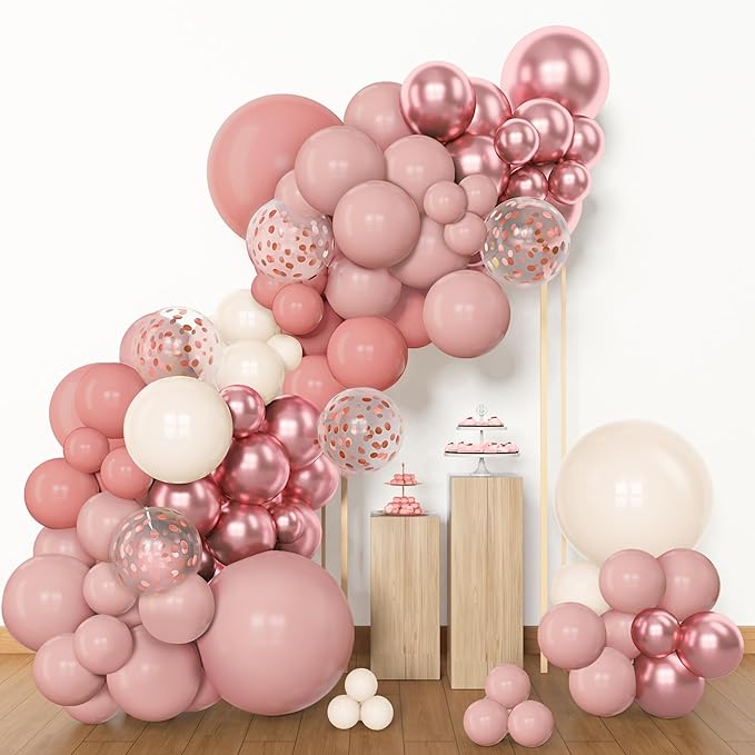 Amandir 153pcs Dusty Pink Balloon Garland Arch Kit, Different Sizes 18 12 10 5 inch Pink White Sand Metallic Confetti Pink Balloons for Girl Baby Shower Birthday Boho Party Decorations