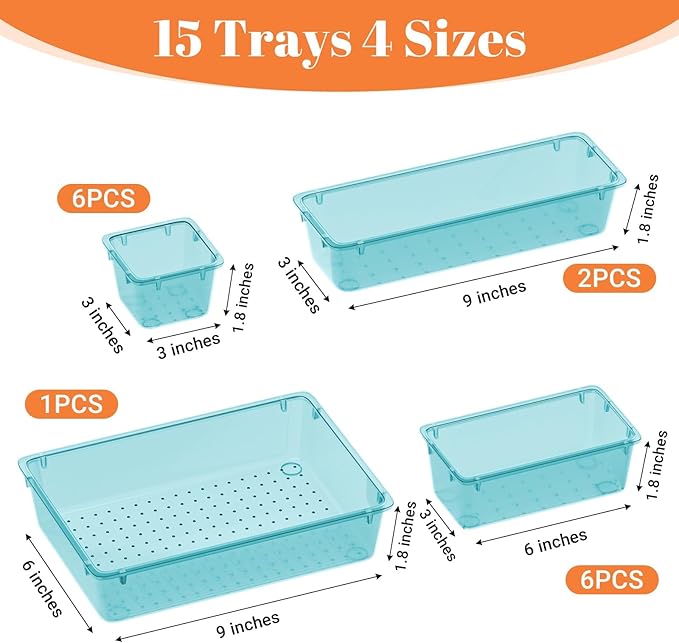 15 PCS Clear Plastic Drawer Organizer Set, 4-Size Acrylic Drawer Storage Trays, Storage Bins for Makeup, Gadgets, and Jewelry in Bathroom, Bedroom and Office, Clear Sea Blue