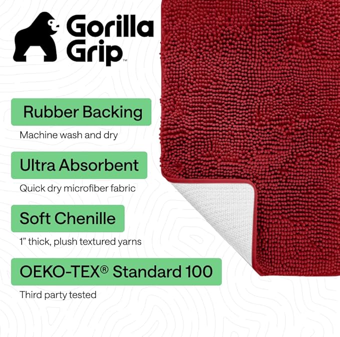 GORILLA GRIP Bath Rug Mat 36x24, Thick Soft Absorbent Chenille, Quick Dry Microfiber Mats, Rubber Backing Washable Shower Floor Rugs, Bathmat Runner, US Designed Bathroom Home Decor Accessories Red