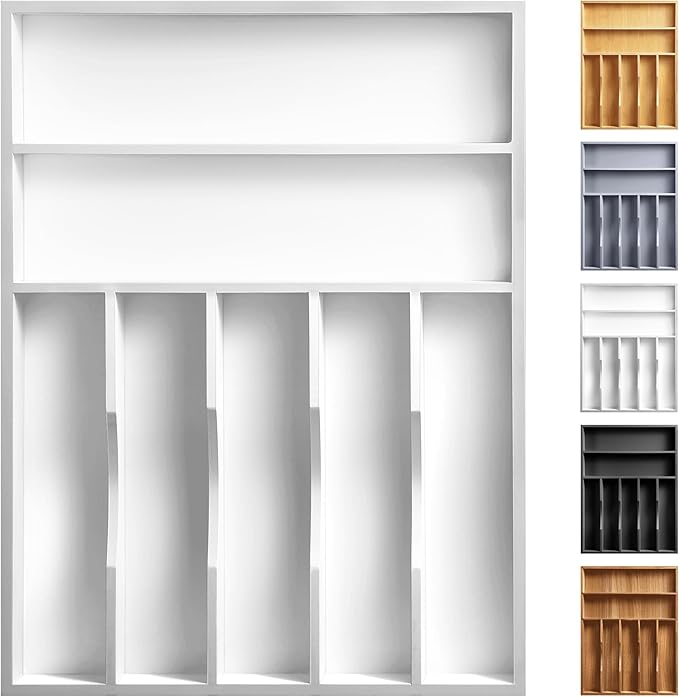 Kitchen Bamboo Silverware Organizer, Kitchen Drawer Organizer - Utensil Holder and Cutlery Tray with Grooved Drawer Dividers for Flatware 7 Slot, White