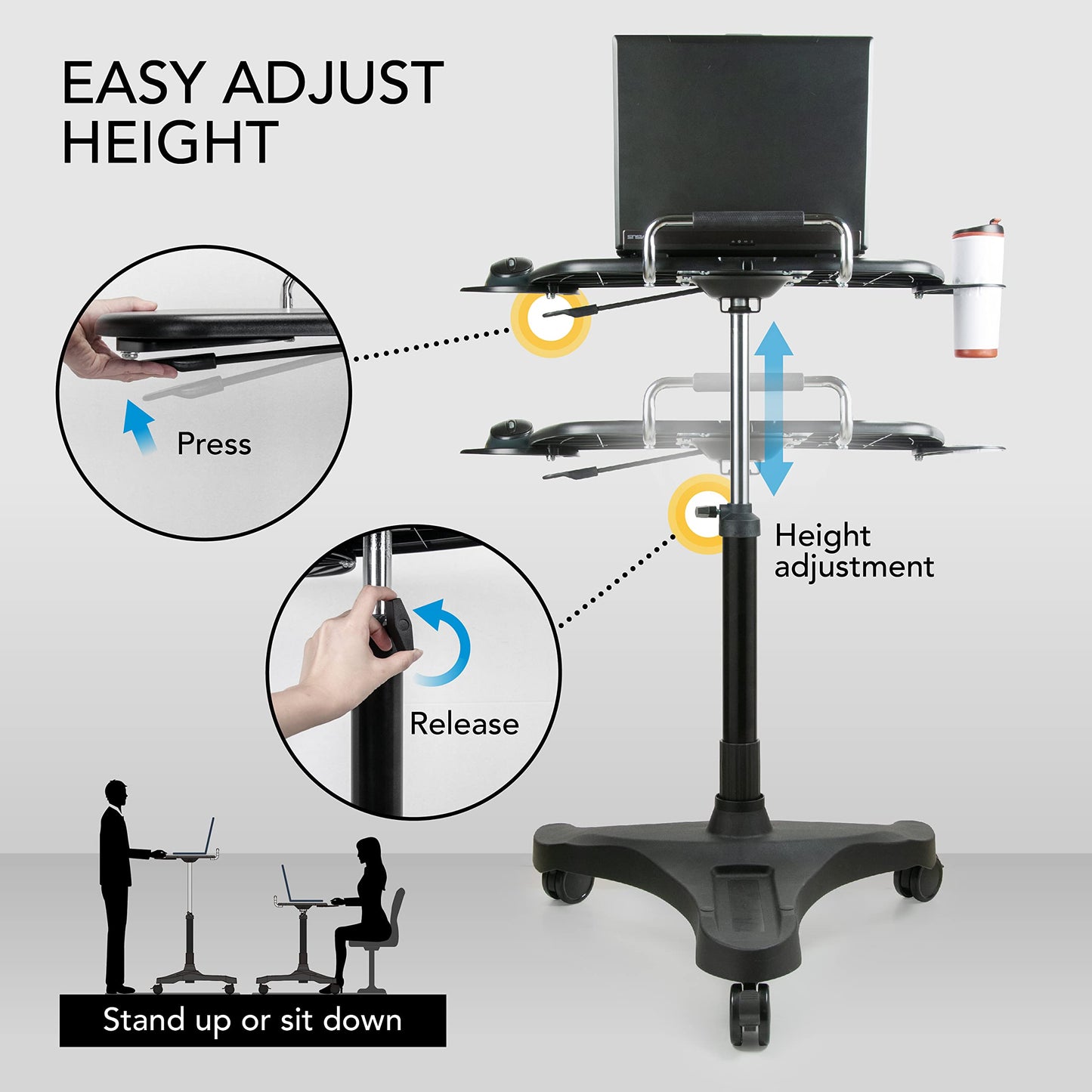 EHO Mobile Laptop Desk Cart with Wheels, Height Adjustable Standing Desk with Pneumatic Lift, Rolling Workstation with Mouse Tray and Cup Holder, Portable Table for Home Office or Classroom