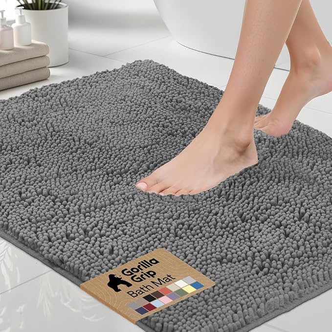 GORILLA GRIP Bath Rug Mat, Thick Soft Absorbent Chenille, Quick Dry Microfiber Mats, Rubber Backing Washable Shower Floor Rugs, US Designed Bathroom Bathmat Home Decor Accessories, 24x17, Grey