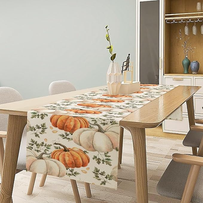 Fall Pumpkin Table Runner White Orange Vegetables Seeds Parsley Watercolor Hand-Painted Illustration Home Decor for Farmhouse Indoor Outdoor Party Holiday Dining Kitchen Restaurant Cafe W13xL90in