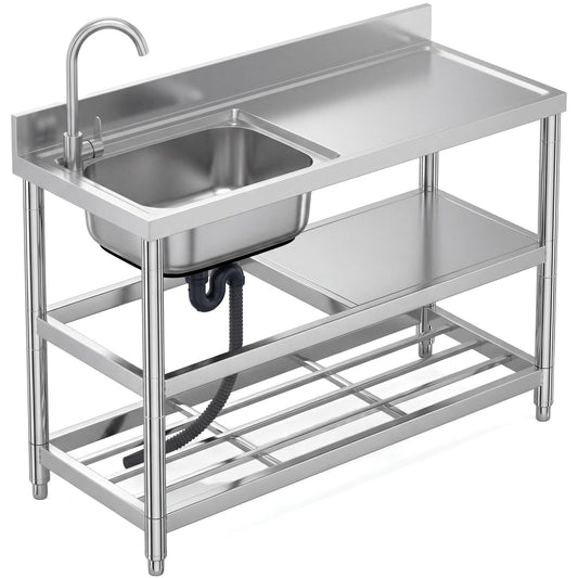Free Standing Stainless-Steel Single Bowl Commercial Restaurant Kitchen Sink Set w/Faucet & Drainboard, Prep & Utility Washing Hand Basin w/Workbench & Double Storage Shelves Indoor Outdoor (47in)