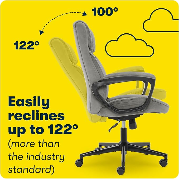 Serta Hannah Executive Home Office Desk Chair, Ergonomic Mid-Back with Lumbar Support, Firm Seat Cushion, Layered Body Pillows, Padded Armrests, Swivel Base, Easy Assembly, Microfiber, Black/Grey
