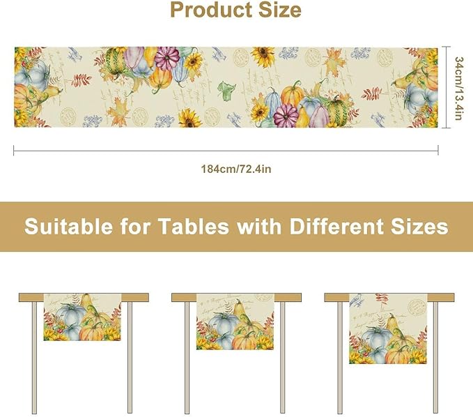Fall Table Runner Watercolor Pumpkins Sunflowers Maple Leaves Baroque Floral Birds Country Thanksgiving Home Decor for Farmhouse Indoor Outdoor Party Holiday Dining Kitchen Restaurant Cafe W13xL36in