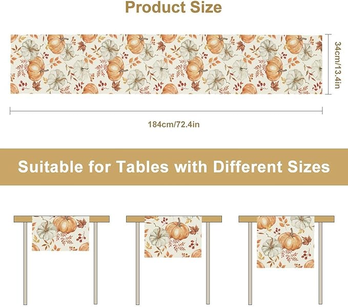 Pumpkin Table Runner Fall Orange White Colorful Leaves Berries Thanksgiving Watercolor Illustration Rustic Decor for Farmhouse Indoor Outdoor Party Holiday Dining Kitchen Restaurant Cafe W13xL90in
