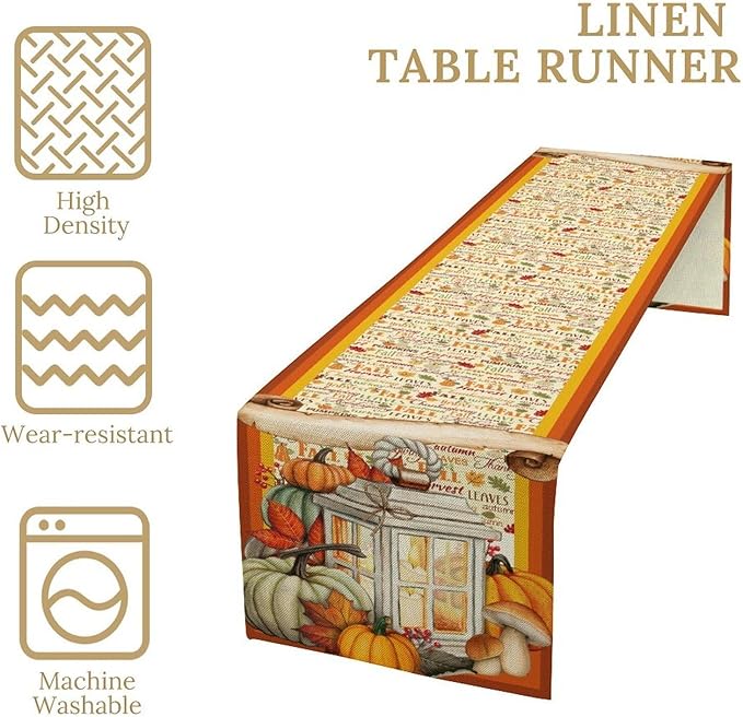 Fall Pumpkin Table Runner Rustic Farmhouse Mushrooms Leaves Berries Lanterns Thanksgiving Theme Home Decor for Farmhouse Indoor Outdoor Party Holiday Dining Kitchen Restaurant Cafe W13xL90in