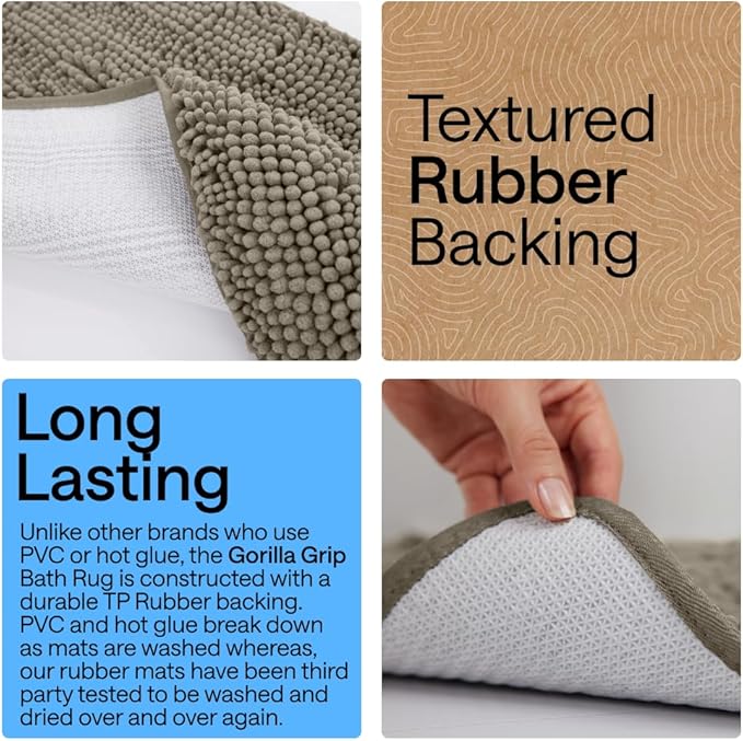 GORILLA GRIP Bath Rug Mat 44x26, Thick Soft Absorbent Chenille, Quick Dry Microfiber Mats, Rubber Backing Washable Shower Floor Rugs, Bathmat Runner, US Designed Bathroom Home Decor Accessories Latte