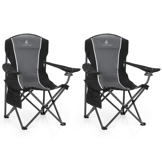 ALPHA CAMP Oversized Camping Folding Chair Heavy Duty Steel Frame Support 350 LBS Collapsible Padded Arm Chair with Cup Holder Quad Lumbar Back Chair Portable for Outdoor/Indoor (Black grey-2PC)