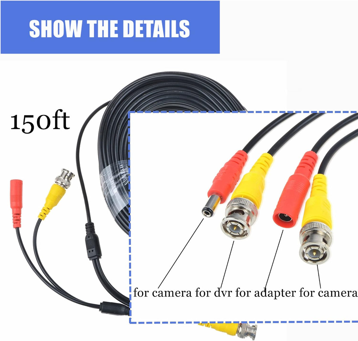 150ft Black BNC Video Power Siamese Cable for Analog AHD CVI CCTV Systems