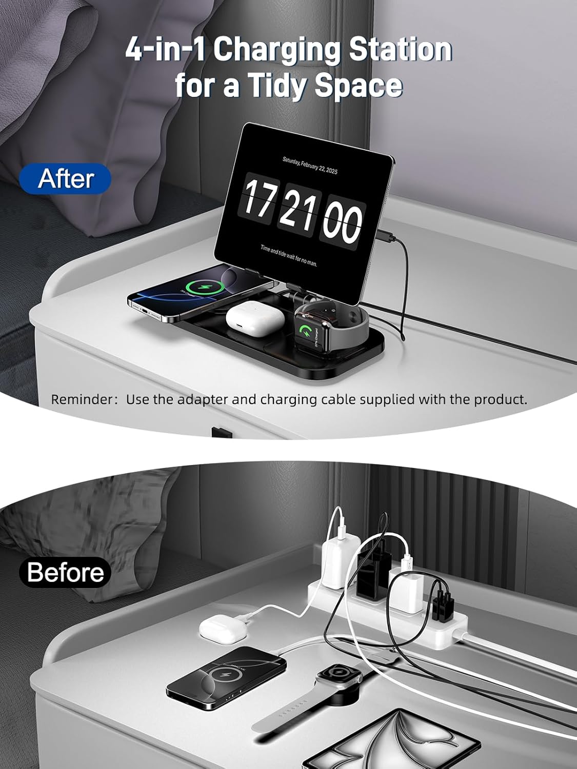 doeboe 4 1 16/15/14, 10/9/8, 2 in Wireless Charging Station with Stand for iPhone Apple Watch AirPods Pro | Foldable