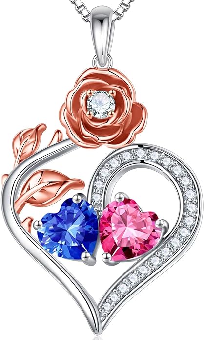 Iefil Rose Heart Birthstone Necklaces for Women - 925 Sterling Silver Double Birthstone Necklace, Anniversary Birthday Gifts for Women, Jewelry Gifts for Wife Her