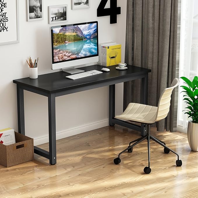 Tribesigns Computer Desk, 55 inch Large Office Desk Computer Table Study Writing Desk for Home Office, Black + Black Leg
