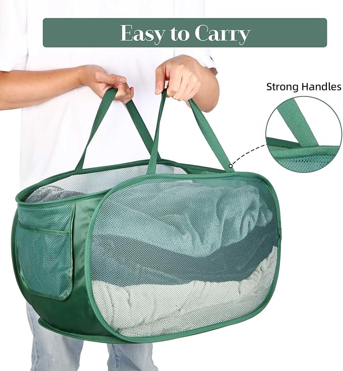 4 Pack Collapsible Laundry Baskets, Foldable Laundry Basket with Pocket, Durable Pop Up Hampers, Reinforced Handles Dirty Clothes Hamper for Laundry, Bedroom, Bathroom, Dorm, Travel or Camping Green