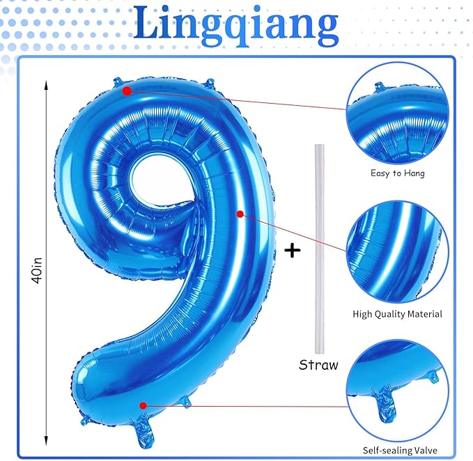 Blue Number 9 Balloons, 40 Inch 9th Birthday Foil Balloon for Boys, Giant Self Inflating Helium Mylar Foil Number Balloons 0-9 for Men 9th Anniversary Graduation Birthday Party Decorations Supplies