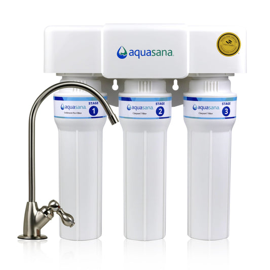 Aquasana Under Sink Water Filter | 3-Stage Max Flow Claryum Filtration | WQA Certified to Reduce PFAS, Lead & Chlorine | Under Counter Drinking Water Filter | Brushed Nickel Faucet | AQ-6300M-BN