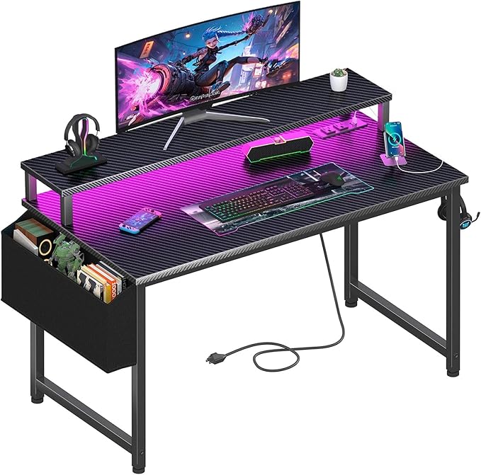 Lufeiya Gaming Desk with Power Outlets and LED Lights, 40 Inch Gamer Desk Table with Charging Station, Home Office Computer Desks with Monitor, Black