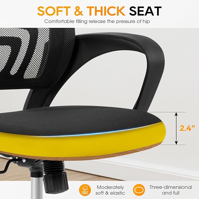 BestOffice | Ergonomic Office Chair | Mid-Back Swivel Desk Chair | Breathable Backrest & Lumbar Support | Adjustable Height | Sponge Seat | Rolling Wheels | Dark Black | for Adults & Women