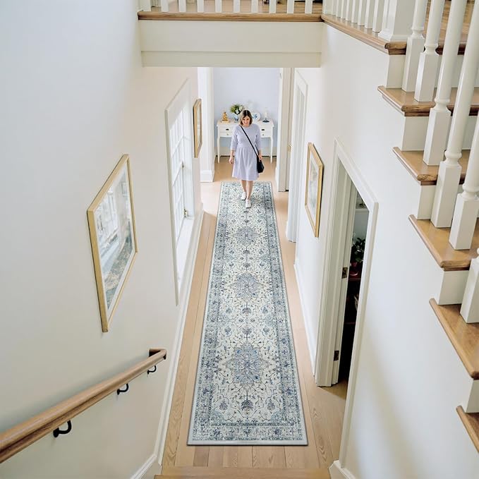Area Rugs 2'x9' Runner Rug Non Slip Washable for Kitchen Hallway Bedroom Beside Laundry Room Bathroom Rug, Floor Carpet, Light Blue Navy Beige Gray White